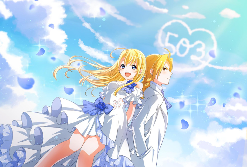 1boy 1girl :d ahoge arms_behind_back back-to-back bare_legs bare_shoulders blonde_hair blue_eyes blue_flower blue_petals blue_ribbon blue_rose blue_sky blurry breasts cloud cloudy_sky commentary_request condensation_trail day depth_of_field dress dutch_angle earrings edward_elric eyebrows_visible_through_hair eyes_visible_through_hair floating_hair flower formal frilled_dress frills frown fullmetal_alchemist hand_in_pocket happy highres jewelry light_particles long_dress looking_at_viewer looking_back medium_breasts nemueee number open_mouth outdoors petals profile puffy_short_sleeves puffy_sleeves ribbon rose short_sleeves sky smile sparkle suit white_dress white_suit winry_rockbell yellow_eyes