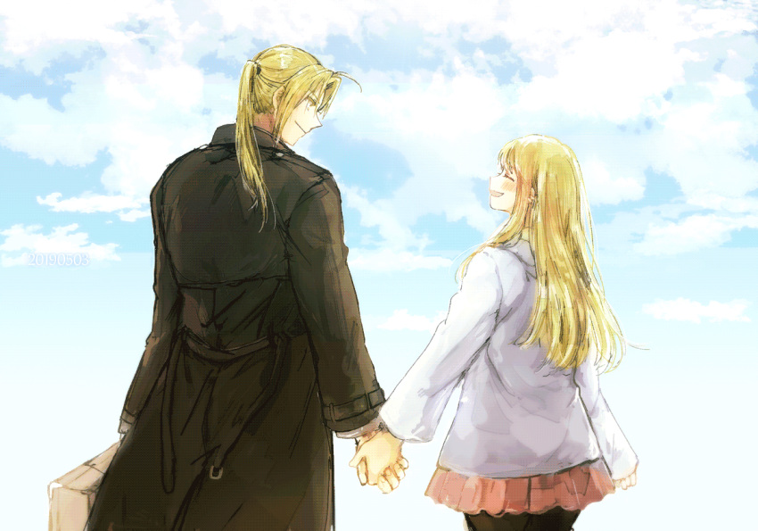 1boy 1girl 2019 :d ^_^ arm_at_side blonde_hair blue_sky blush brown_coat closed_eyes cloud cloudy_sky coat couple dated day earrings edward_elric eyes_closed fullmetal_alchemist hand_holding happy height_difference hetero jacket jewelry looking_at_another open_mouth outdoors pink_shirt ponytail profile shirt sky smile suitcase tsukuda0310 upper_body white_jacket winry_rockbell yellow_eyes