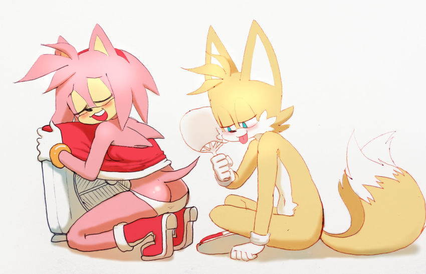 amy_rose ass fan female highres male panties skirt skirt_lift sonic_(series) sonic_team sparkydb tails underwear