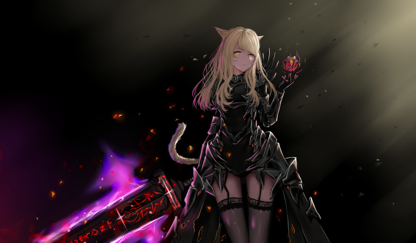 1girl absurdres animal_ears armored_leotard black_background black_cape black_gloves black_leotard blonde_hair cape cat_ears cat_tail character_request cowboy_shot facial_mark faulds garter_straps gloves grey_legwear highres holding holding_sword holding_weapon huijin_zhi_ling leotard long_hair shoulder_armor slit_pupils solo standing sword tail thigh_gap thighhighs waist_cape weapon yellow_eyes