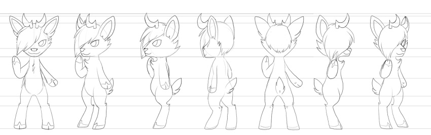 2015 anthro antlers bottomless cervid cheek_tuft chest_tuft clothed clothing digital_drawing_(artwork) digital_media_(artwork) ed_(scratch21) facial_tuft fur hair happy hi_res horn kitchiki line_art male mammal nude pawpads raised_arm scratch21 scut_tail short_tail simple_background sketch smile solo standing topless tuft white_background