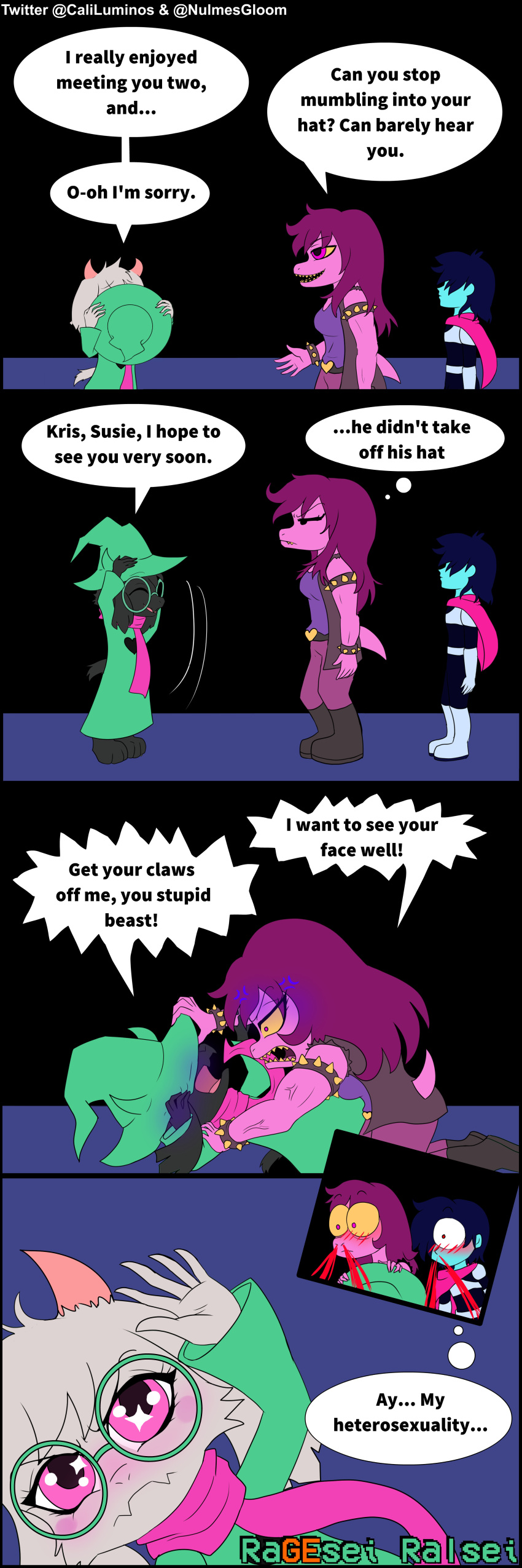 absurd_res anthro bovid caliluminos caprine clothing comic darkness deltarune embarrassed female fluffy game_(disambiguation) goat group hat headgear headwear hi_res human indie kris_(deltarune) magician male male/female male/male mammal monster not_furry nulmes pink_eyes prince ragesei ralsei reptil royalty shadow support susie_(deltarune) tank tobyfox undertale_(series) vehicle video_games warrior