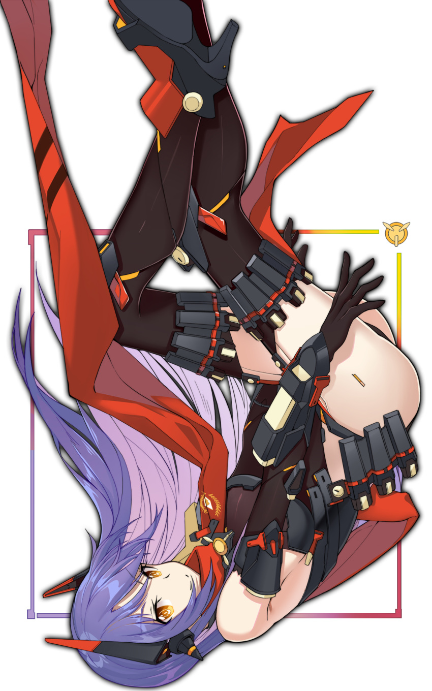 1girl android bare_shoulders elbow_gloves gloves hana_(xenoblade) hana_jd high_heels highres long_hair nintendo orange_eyes purple_hair smile tabard thighhighs upside-down xenoblade_(series) xenoblade_2 zhu_mu_cunix