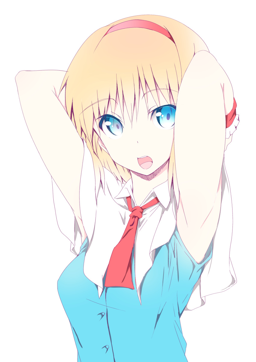 1girl :o absurdres alice_margatroid armpits arms_behind_head arms_up bangs blonde_hair blue_dress blue_eyes breasts capelet commentary_request dress eyebrows_visible_through_hair hair_between_eyes hairband highres looking_at_viewer medium_breasts nirap open_mouth red_hairband red_neckwear short_hair simple_background sleeveless sleeveless_dress solo touhou upper_body white_background white_capelet wing_collar