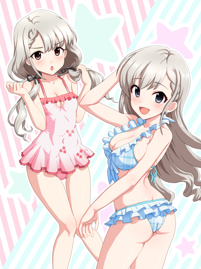 2girls :d arm_up ass bangs bare_shoulders bikini black_ribbon blue_bikini blue_eyes blush braid breasts brown_eyes cleavage collarbone commentary_request covered_navel earrings eyebrows_visible_through_hair frilled_bikini frills hair_ribbon halter_top halterneck highres hisakawa_hayate hisakawa_nagi idolmaster idolmaster_cinderella_girls jewelry kezune_(i-_-i) large_breasts long_hair looking_at_viewer looking_back low_twintails multiple_girls one-piece_swimsuit open_mouth pink_swimsuit plaid plaid_bikini ribbon siblings silver_hair sisters small_breasts smile standing swimsuit twins twintails