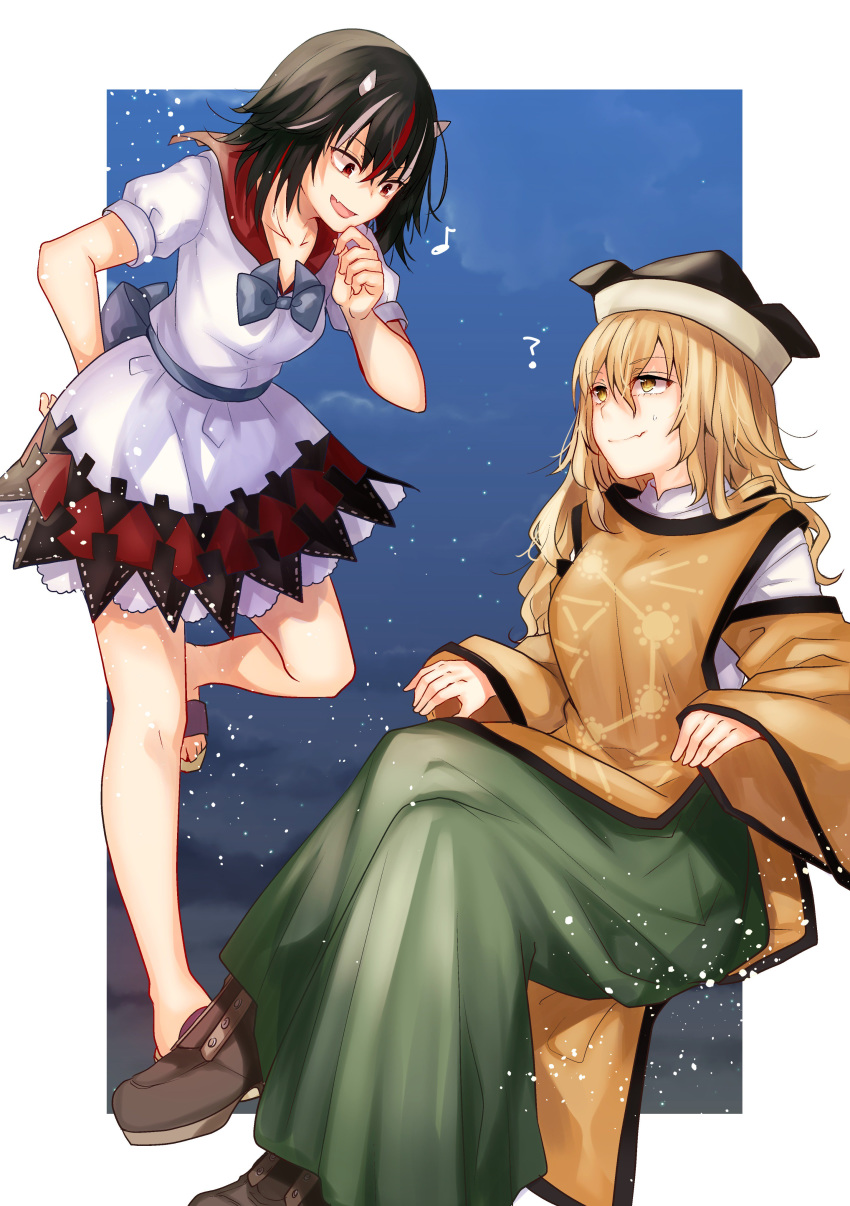 2girls :d ? absurdres bangs bare_legs black_hair black_headwear blonde_hair blue_bow blue_neckwear blue_sash border bow breasts brown_eyes brown_footwear collarbone commentary_request detached_sleeves dress eighth_note eye_contact eyebrows_visible_through_hair fang fang_out feet_out_of_frame flip-flops green_skirt hair_between_eyes hand_on_own_chin highres horns invisible_chair kijin_seija legs_crossed long_hair long_sleeves looking_at_another matara_okina medium_breasts mimoto_(aszxdfcv) multicolored_hair multiple_girls musical_note night night_sky open_mouth outside_border petticoat puffy_short_sleeves puffy_sleeves red_eyes red_hair red_sailor_collar sailor_collar sandals sash shirt shoes short_hair short_sleeves sitting skin_fang skirt sky smile streaked_hair tabard thighs touhou white_border white_dress white_hair white_shirt wide_sleeves
