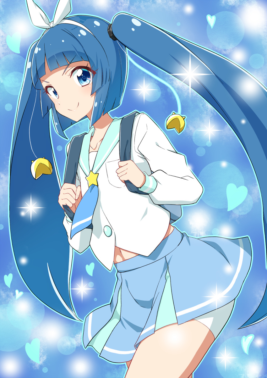 1girl backpack bag bangs blue_background blue_eyes blue_hair blue_neckwear blue_skirt blunt_bangs breast_pocket closed_mouth collarbone commentary_request cowboy_shot eyebrows_visible_through_hair hair_ornament hair_ribbon heart highres holding_strap long_hair long_sleeves looking_at_viewer mascot navel nipa-ko pocket ribbon school_uniform shiny shiny_hair shirt shorts shorts_under_skirt sidelocks skirt smile solo sparkle standing star twintails ultimate_nipper v-shaped_eyebrows very_long_hair white_ribbon white_shirt white_shorts yuto_(dialique)