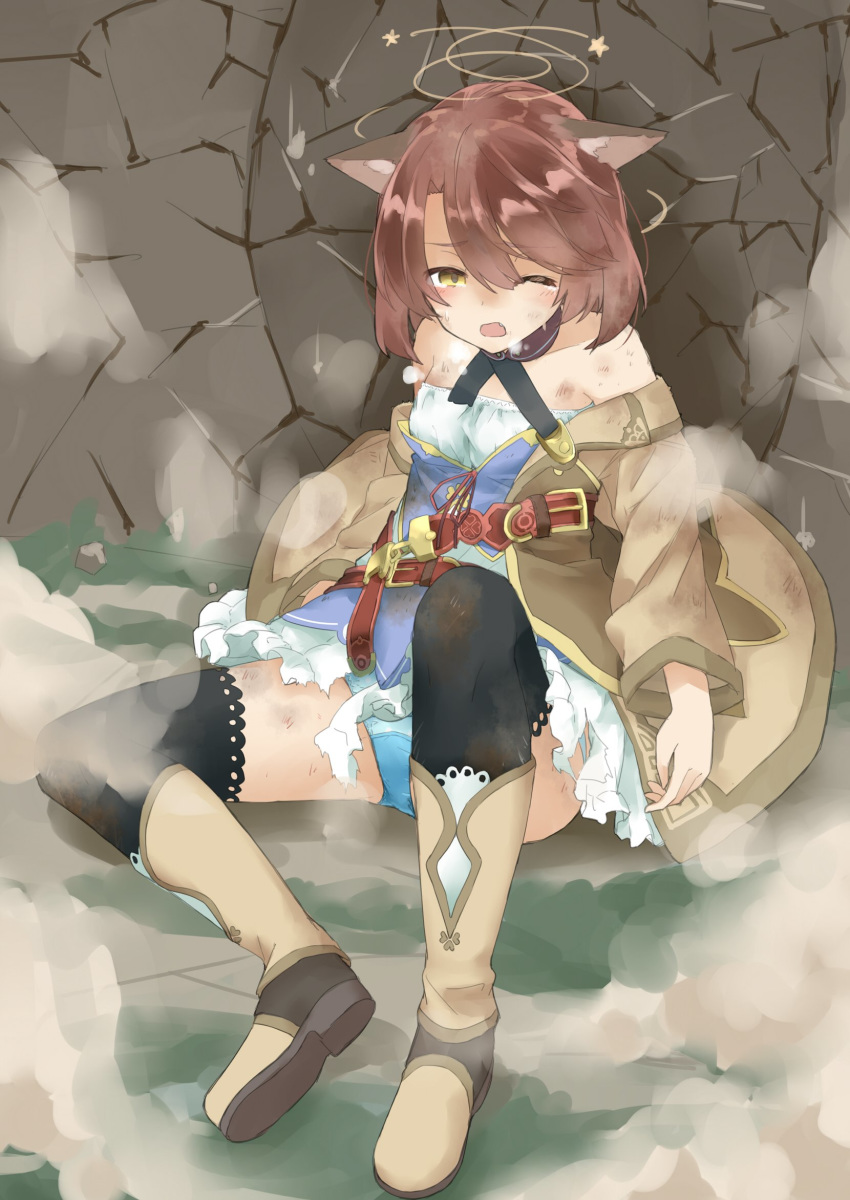 1girl amane_rosylily animal_ear_fluff animal_ears bangs bare_shoulders black_legwear blue_panties blush boots breasts brown_coat brown_eyes brown_footwear brown_hair coat collarbone commentary_request criss-cross_halter dress eyebrows_visible_through_hair fang fox_ears full_body hair_between_eyes half-closed_eye halterneck heavy_breathing highres knee_boots long_sleeves one_eye_closed open_clothes open_coat original panties polka_dot polka_dot_panties sekira_ame sitting small_breasts smoke solo star stone_wall tears thighhighs thighhighs_under_boots torn_clothes torn_dress underwear wall white_dress