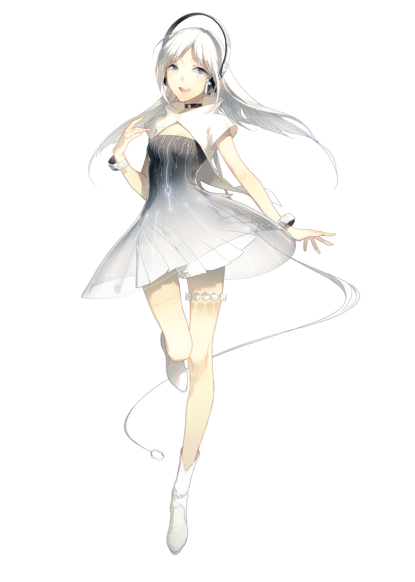 1girl absurdres bangs boots bracelet breasts choker dress eyebrows_visible_through_hair full_body hand_up headphones highres jewelry ling ling_singer long_hair looking_at_viewer official_art open_mouth parted_bangs pleated_dress rella see-through short_sleeves silver_eyes silver_hair simple_background small_breasts smile solo teeth thigh_strap white_background