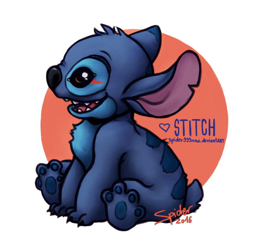 &lt;3 2016 4_toes alien back_markings black_claws black_nose blue_fur blue_pawpads blush brown_eyes character_name chest_tuft claws digital_drawing_(artwork) digital_media_(artwork) disney experiment_(species) fur head_tuft hi_res lilo_and_stitch markings notched_ear occipital_markings open_mouth open_smile pawpads side_view simple_background sitting small_tail smile solo spider999now stitch toes tuft white_background