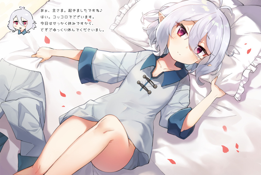 1girl antenna_hair bangs bed_sheet blush closed_mouth collarbone collared_shirt commentary_request dutch_angle eyebrows_visible_through_hair frilled_pillow frills grey_pants grey_shirt hair_between_eyes hand_up highres jehyun kokkoro_(princess_connect!) looking_at_viewer lying on_back pajamas pants pants_removed petals pillow pillow_grab pointy_ears princess_connect! princess_connect!_re:dive red_eyes sheet_grab shirt short_sleeves silver_hair smile solo translation_request wide_sleeves