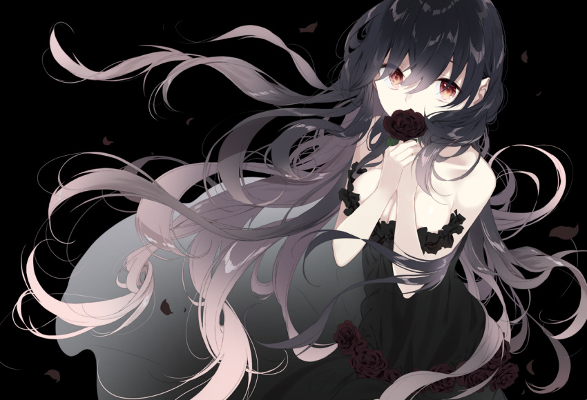 black black_hair dress flowers long_hair naoto original rose