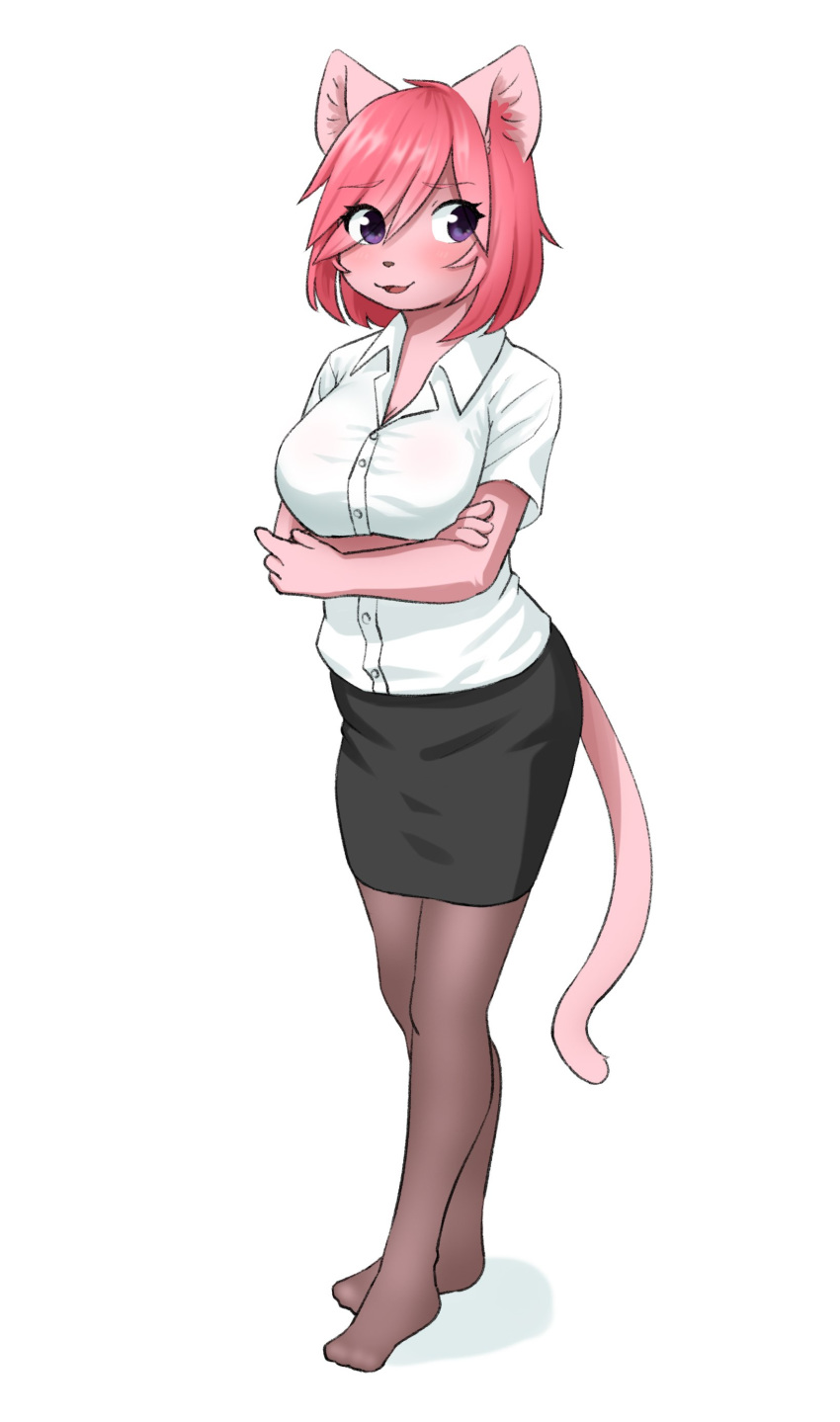 1girl 848siba furry pink_hair purple_eyes shirt short_hair solo stocking white_shirt