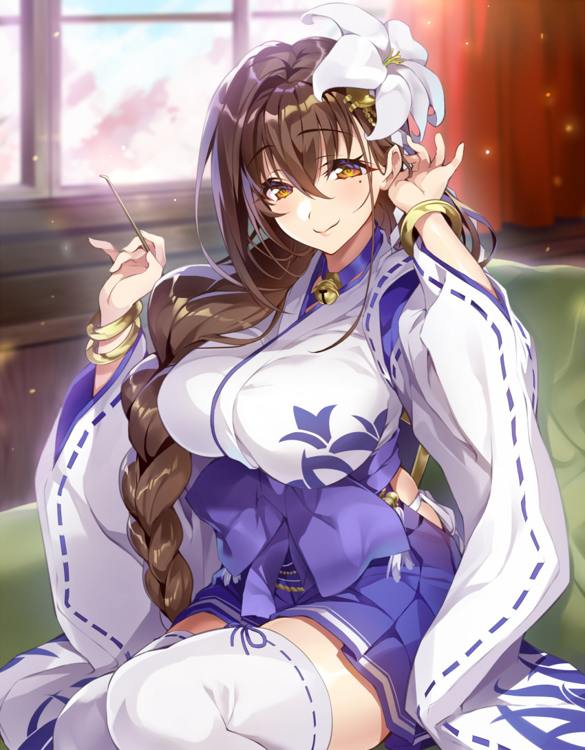 bell braid breasts brown_eyes brown_hair closed_mouth commentary_request couch curtains day eyebrows_visible_through_hair flower gan_(shanimuni) hair_between_eyes hair_flower hair_ornament hair_over_shoulder hakama_skirt highres hip_vent holding indoors jewelry jingle_bell kanpani_girls large_breasts lily_(flower) lips long_hair long_sleeves looking_at_viewer mimikaki mole mole_under_eye object_namesake panties revision ribbon ribbon-trimmed_legwear ribbon-trimmed_sleeves ribbon_trim shirayuri_sakura side-tie_panties single_braid sitting skirt smile solo thighhighs underwear very_long_hair white_flower white_legwear white_panties window zettai_ryouiki