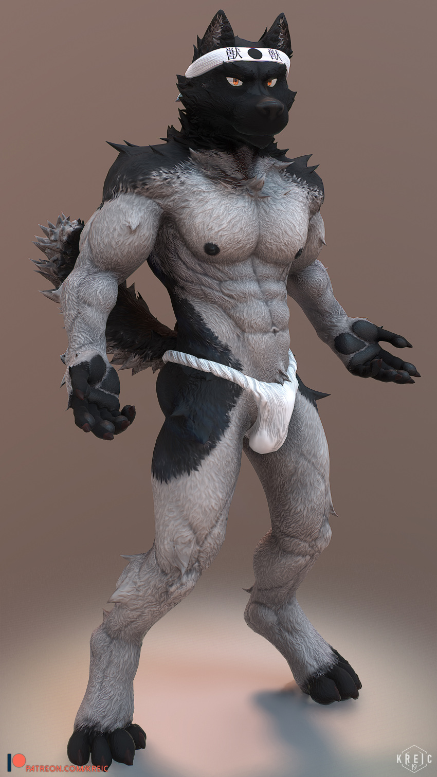 2019 3d_(artwork) abs absurd_res bandanna canid canine canis clothed clothing digital_media_(artwork) digitigrade fundoshi hi_res hybrid japanese_clothing kreic looking_at_viewer male mammal muscular nipples solo underwear wolfdog