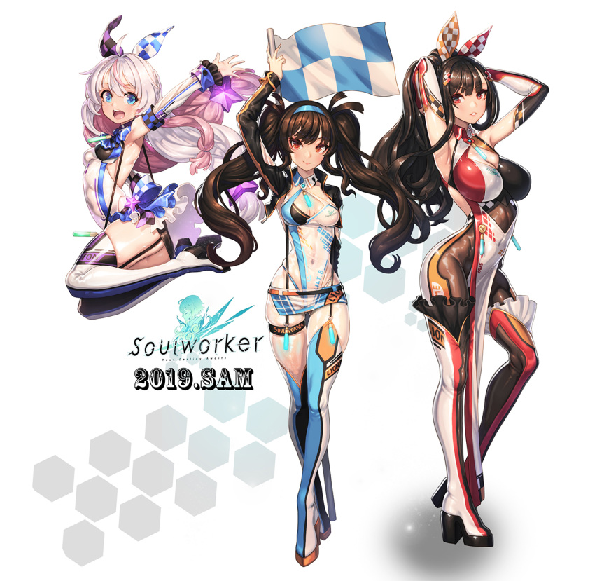 3girls arm_up armpits arms_up ass_visible_through_thighs blue_eyes bodysuit boots bow breasts checkered checkered_flag cleavage covered_navel detached_sleeves ecell elbow_gloves flag garter_straps gloves hair_bow hair_ornament hairband highres impossible_clothes iris_yuma large_breasts leotard lily_bloomerchen looking_at_viewer low_twin_braids microskirt multiple_girls parted_lips pelvic_curtain pink_hair ponytail red_eyes sidelocks skin_tight skirt small_breasts soul_worker stella_unibell suspenders thigh_boots thigh_strap thighhighs twintails white_footwear white_hair