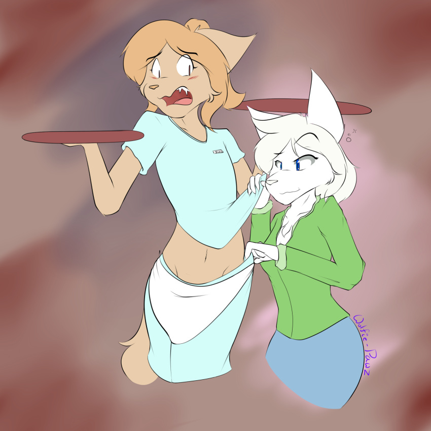 1:1 2019 5_fingers anthro anthro_on_anthro biped blush breasts canid canine canis chest_tuft digital_media_(artwork) drunk duo eyebrows eyelashes female female/female fur hair hi_res humanoid_hands jessie_(wolfie-pawz) mammal navel questionable_consent signature simple_background teeth tina_hart tongue tuft waiter what_the_hart_wants white_fur white_hair wolf wolfie-pawz