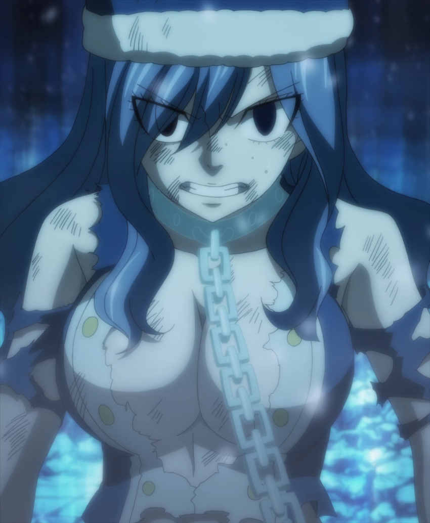 1girl blue_eyes blue_hair breasts chains cleavage fairy_tail hat juvia_lockser large_breasts torn_clothes