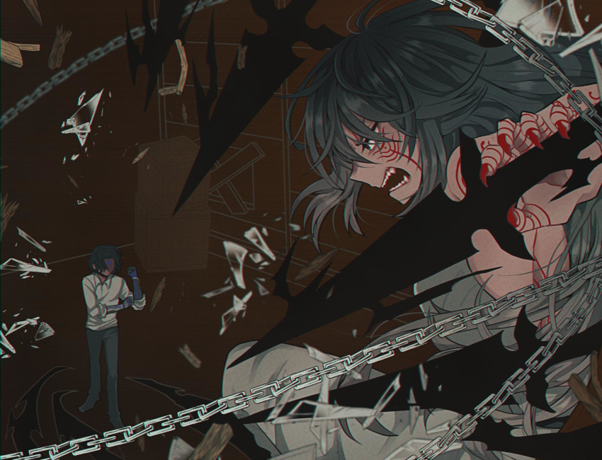 1boy 1girl arm_tattoo bare_shoulders black_hair black_legwear boarded_windows broken broken_glass chains dagger facial_mark fighting_stance fingernails floating floating_weapon glass green_eyes hair_between_eyes hand_tattoo hibikikn highres holding holding_dagger holding_weapon long_hair looking_at_another nail_polish open_mouth original red_nails shaded_face sharp_fingernails sharp_teeth sleeves_rolled_up tattoo teeth weapon window wood