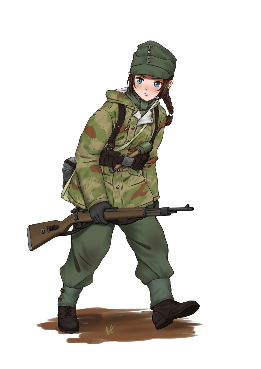 1girl absurdres ammunition_pouch belt blue_eyes blush bolt_action braid brown_hair camouflage canteen coat explosive gaiters gloves grenade gun hat highres hood hood_down load_bearing_equipment long_hair mauser_98 military military_uniform millimeter original pouch rifle scarf simple_background single_braid soldier solo uniform walking weapon wehrmacht white_background winter_clothes winter_coat world_war_ii