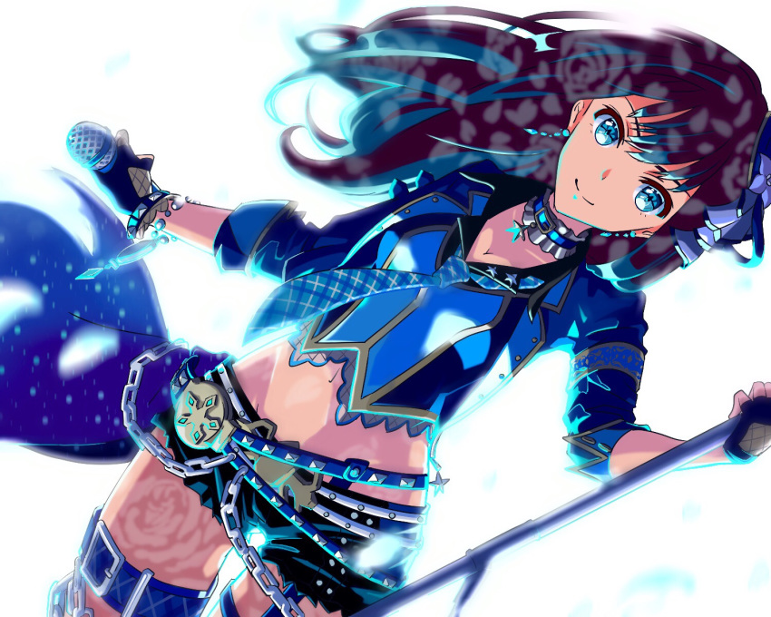 1girl asymmetrical_legwear belt black_shorts blue_eyes blue_gloves blue_hair breasts brown_hair chains choker cleavage collarbone cowboy_shot crop_top dutch_angle earrings fingerless_gloves floating_hair garter_straps gloves highres holding holding_microphone idolmaster idolmaster_cinderella_girls jewelry long_hair looking_at_viewer medium_breasts microphone microphone_stand midriff multicolored_hair navel necklace shibuya_rin shiki_(0802makimari) short_shorts shorts simple_background smile solo standing star star_necklace stomach thigh_strap two-tone_hair white_background