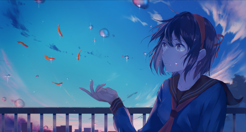 1girl absurdres black_eyes black_hair blue_sky cloud fish goldfish hairband hand_up highres kyarage_(soda) night night_sky original outdoors railing red_hairband red_neckwear school_uniform short_hair sky upper_body water_drop