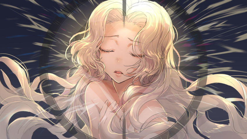 1girl blonde_hair code_geass eyes_closed floating_hair highres long_hair nude nunnally_lamperouge open_mouth solo sumi_otto upper_body very_long_hair