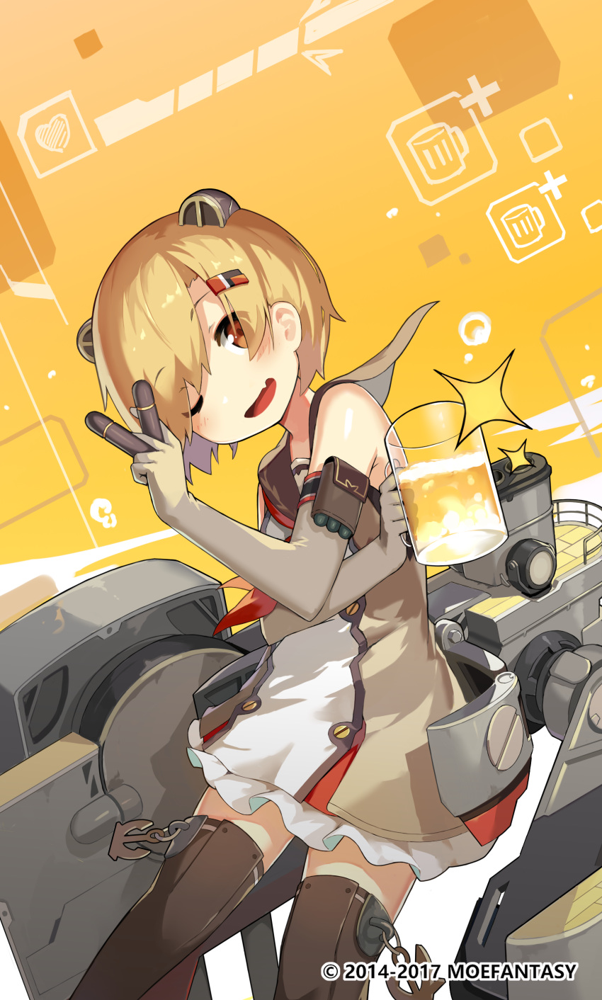 1girl absurdres alcohol anchor anchor_symbol animal_ears armband bangs bare_shoulders beer beer_mug blonde_hair blush cannon cowboy_shot detached_sleeves dress fake_animal_ears graf_spee_(warship_girls_r) hair_between_eyes hair_ornament hair_over_one_eye hairclip highres holding lino-lin looking_at_viewer machinery open_mouth red_eyes rigging short_hair smile solo thighhighs torpedo warship_girls_r