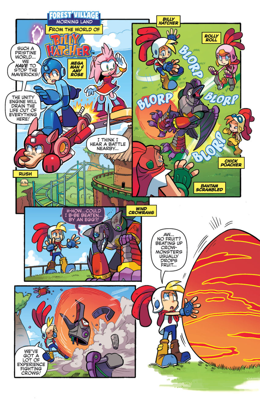 2girls 5boys amy_rose archie_comics bantam_scrambled billy_hatcher billy_hatcher_and_the_giant_egg blonde_hair blue_eyes boots broken capcom chick_poacher chicken_costume cloud comic crossover crushing dead death destroyed dialogue dog dress egg eyes_closed female fingerless_gloves flying giant_egg gloves grass hair hands helmet hoverboard male mittens motion_lines multiple_boys onomatopoeia outdoors outside pink_fur pink_hair portal pushing railroad_tracks robot rockman rockman_(character) rockman_(classic) rockman_x rolly_roll rush_(rockman) sega shack skirt sky smile smoke sonic_(series) speech_bubble teeth teeth_clenched text touching track tree wind_crowrang wire