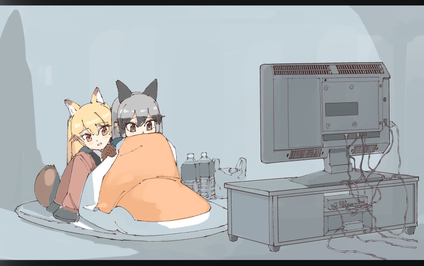 2girls absurdres animal_ears blanket bottle brown_eyes cable comforter ezo_red_fox_(kemono_friends) highres kemono_friends letterboxed multiple_girls omnisucker silver_fox_(kemono_friends) tail television tsurime watching_television