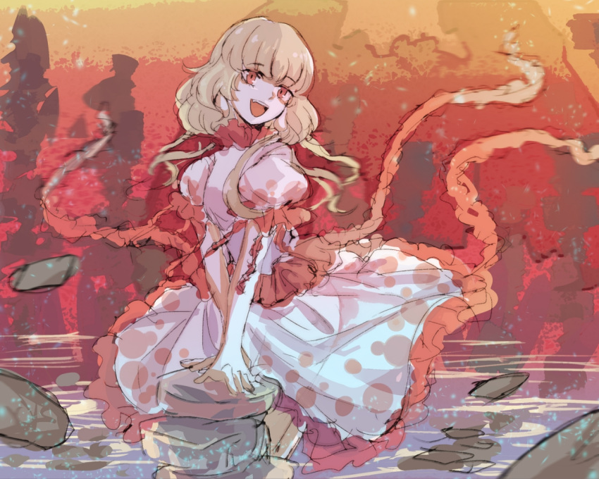 1girl :d blonde_hair commentary commentary_request dress ebisu_eika frilled_dress frills motion_blur nga_(artist) open_mouth red_eyes rock smile solo touhou wily_beast_and_weakest_creature