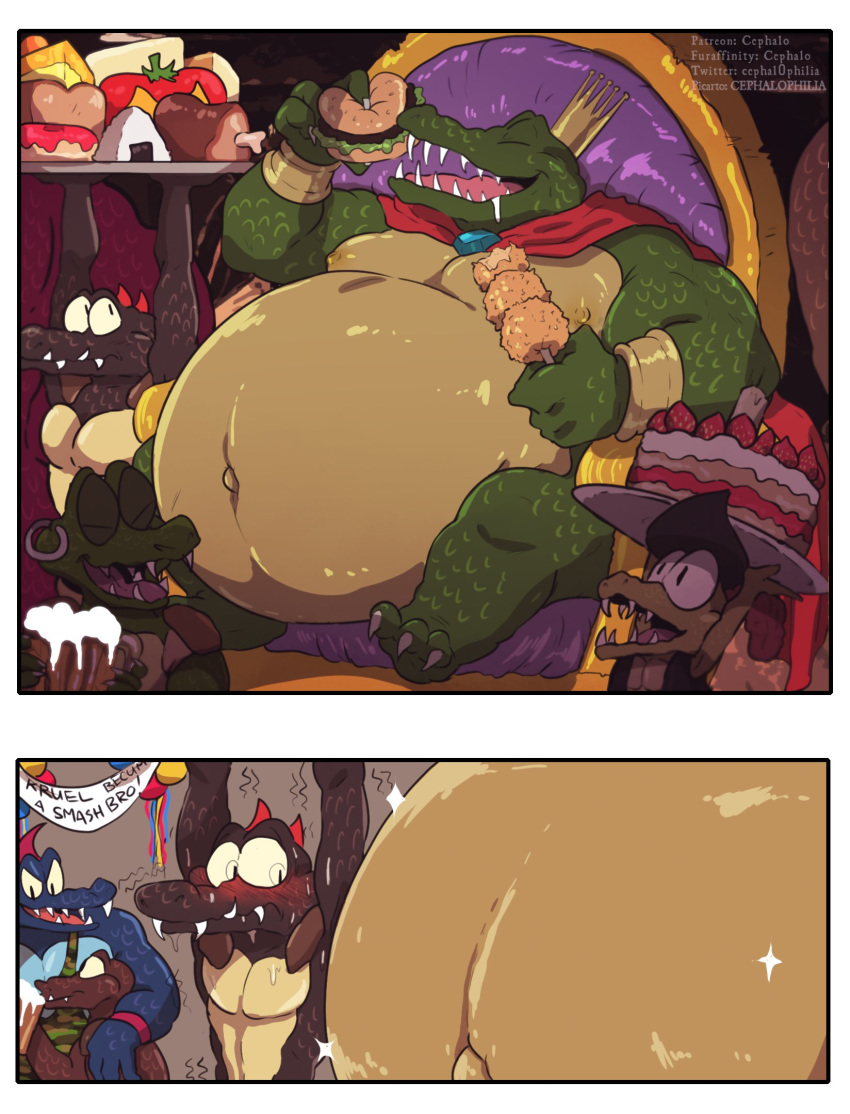 2018 belly big_belly blush cake cape cephalo chair clothing crocodilian crown donkey_kong_(series) food group hi_res king_k._rool kremlling male navel nintendo nipples obese obese_male ogling open_mouth open_smile outie_navel overweight overweight_male piercing reptile scalie shaking sitting size_difference smile sparkles throne trembling video_games