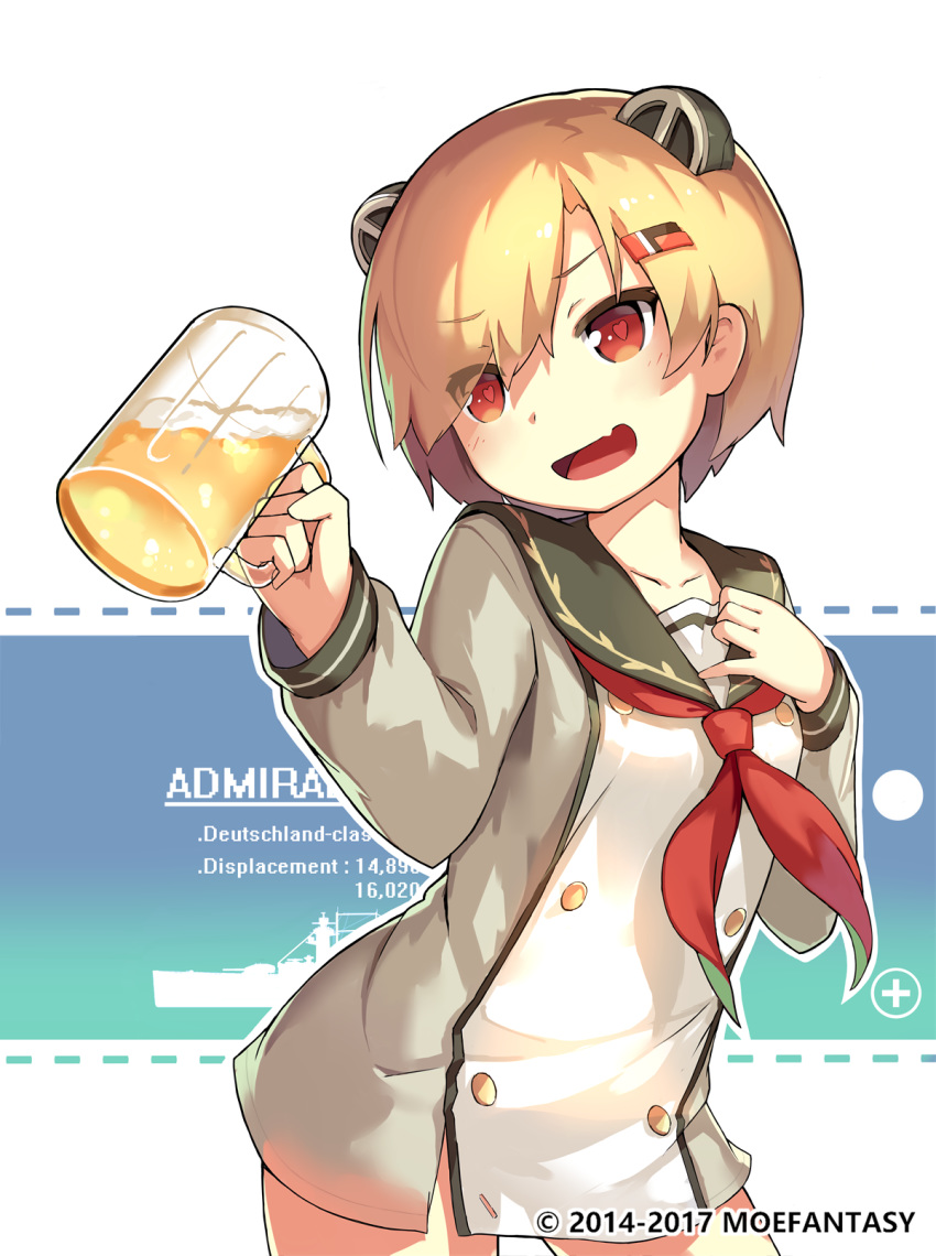 1girl alcohol animal_ears bangs beer beer_mug blonde_hair blush buttons character_name character_profile cup drinking_glass english_text eyebrows_visible_through_hair fake_animal_ears graf_spee_(warship_girls_r) hair_ornament hairclip heart heart-shaped_pupils highres holding holding_cup lino-lin long_sleeves neckerchief open_mouth red_eyes red_neckwear sailor_collar short_hair simple_background smile solo stats symbol-shaped_pupils upper_body warship_girls_r