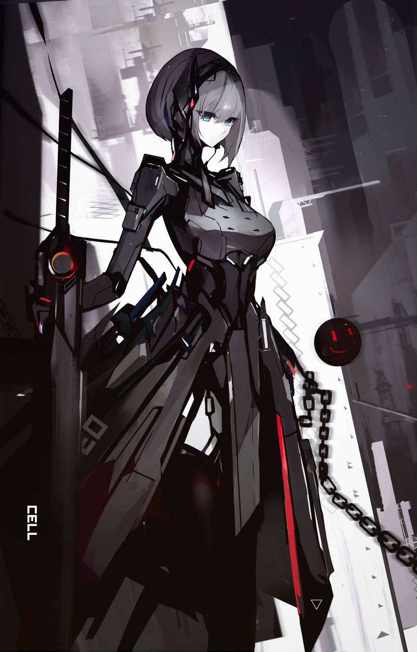 1girl absurdres armor artist_name blue_eyes building cell_(acorecell) chains eyebrows_visible_through_hair frown grey_hair grey_theme hairband highres holding holding_sword holding_weapon limited_palette mecha_musume original pale_skin science_fiction short_hair simple_background sphere sword weapon