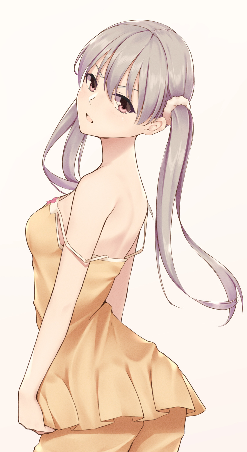 1girl absurdres bangs bare_arms bare_shoulders breasts brown_eyes cowboy_shot dress from_side gradient gradient_background grey_hair hair_between_eyes hair_ornament hair_scrunchie head_tilt highres light_brown_background long_hair looking_at_viewer looking_to_the_side monogatari_(series) nestea oikura_sodachi open_mouth owarimonogatari scrunchie shiny shiny_hair short_dress shorts silver_hair small_breasts solo spaghetti_strap standing strap_slip twintails v-shaped_eyebrows white_scrunchie yellow_dress yellow_shorts