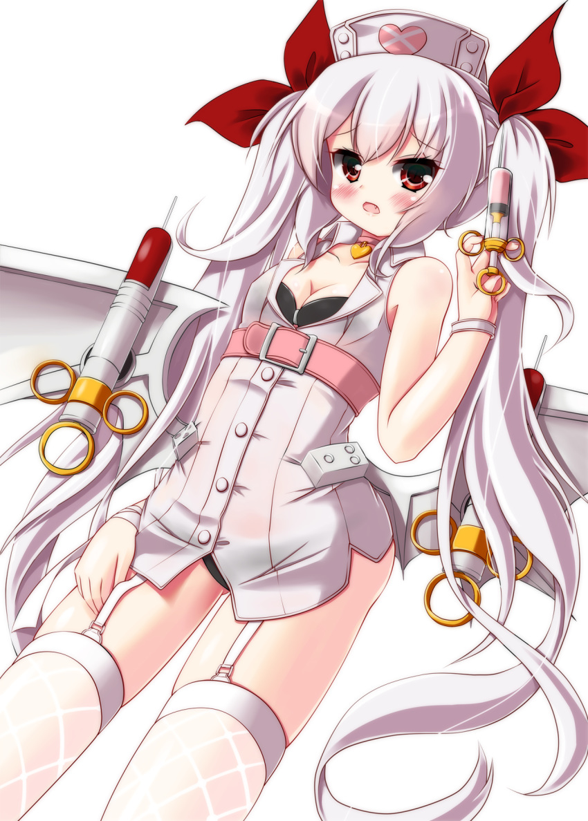 1girl azur_lane belt black_panties blush bra breasts cleavage collarbone commentary_request fang garter_belt hair_ribbon hat highres hikaru6382 jewelry long_hair looking_at_viewer necklace nurse_cap open_mouth panties red_eyes ribbon sleeveless small_breasts solo syringe thighhighs twintails underwear vampire_(azur_lane) white_background white_hair white_legwear