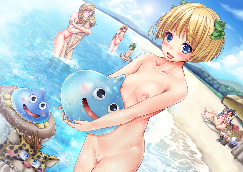 beach bianca deborah dragon_quest_5 flora nagatu_usagi nude slime_(dragon_quest) wet