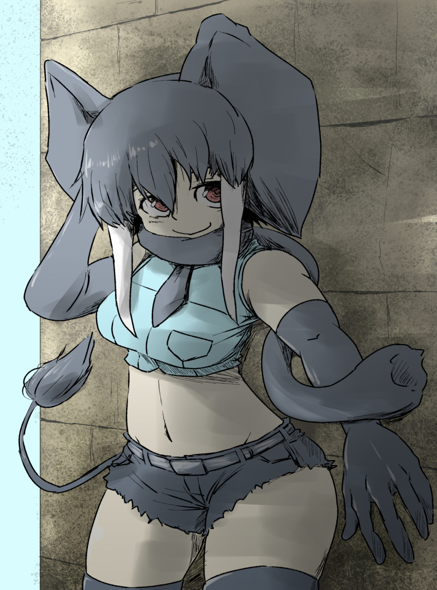 2018 5_fingers absolute_territory african_bush_elephant_(kemono_friends) against_wall animal_humanoid armwear belt big_ears biped blue_clothing blue_topwear blush bottomwear breasts brown_eyes clothed clothing crop_top cutoffs denim_shorts digital_drawing_(artwork) digital_media_(artwork) elbow_gloves elephant_humanoid female floppy_ears fully_clothed gloves grey_armwear grey_bottomwear grey_clothing grey_ears grey_hair grey_shorts grey_tail hair half-length_portrait hand_on_head hi_res humanoid humanoid_hands japanese kemono_friends legwear light light_skin lighting looking_aside looking_away mammal medium_breasts midriff multicolored_hair navel necktie pockets portrait proboscidean proboscidean_humanoid scarf shadow shirt short_hair shorts shy sky smile solo standing tail_tuft tan_skin topwear trunk tuft two_tone_hair white_hair yt_lvlv