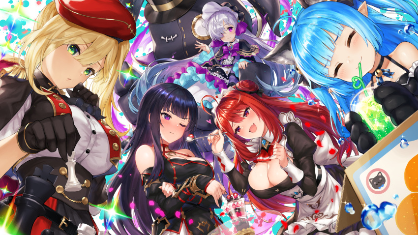 5girls :d ^_^ ahoge animal_ears bangs bare_shoulders belt beret black_gloves black_hair blonde_hair blue_hair blush bonnet breasts cat_ears cat_paws chess_piece cleavage closed_eyes cup detached_sleeves dress drinking_glass drinking_stra epaulettes eyes_closed fangs food fruit gloves green_eyes hair_ornament hair_over_one_eye hat heart highres inayama king's_raid large_breasts long_hair looking_at_viewer maid maid_headdress multiple_girls one_eye_closed open_mouth pantyhose parfait paws petals pointy_ears purple_eyes purple_hair red_eyes red_hair side_ponytail silver_hair sleeves_past_wrists smile spoon strawberry twintails white_legwear