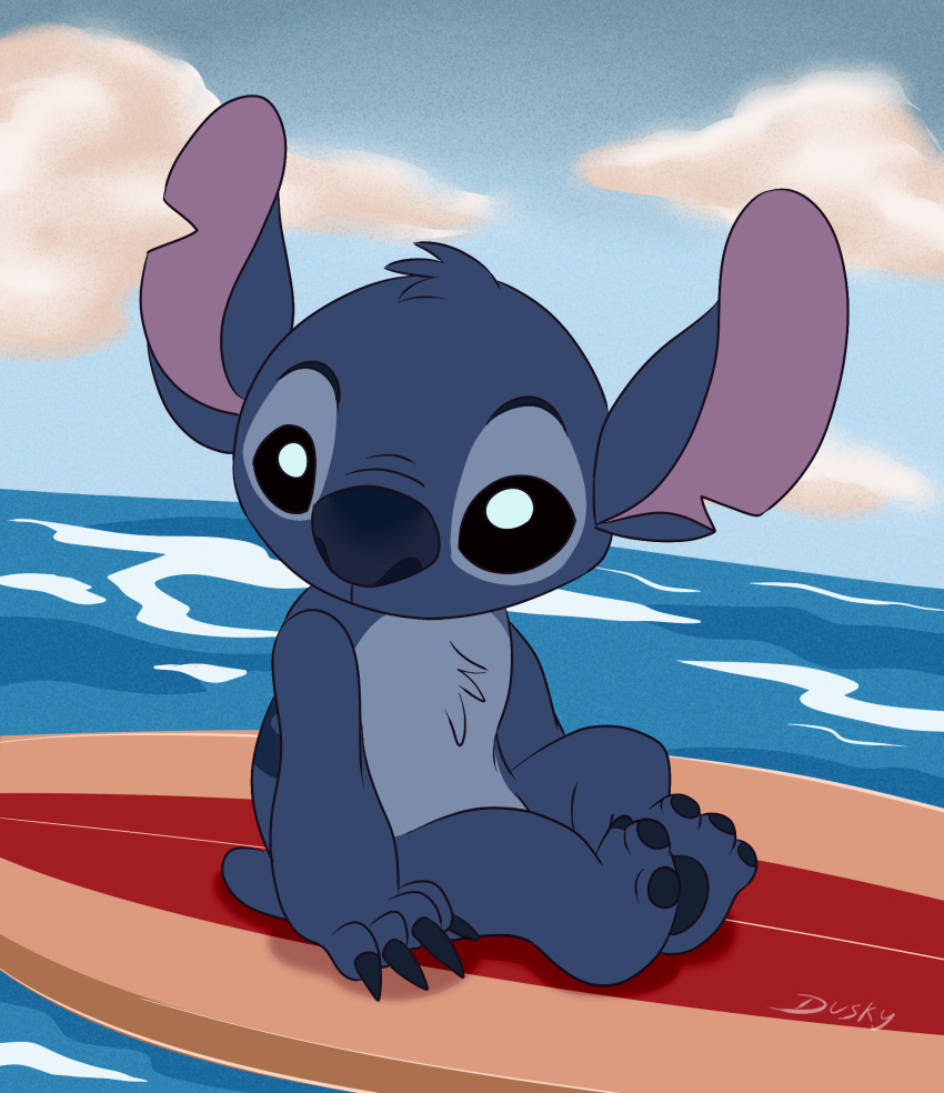 2019 3_toes 4_fingers alien back_markings black_eyes blue_claws blue_fur blue_nose blue_pawpads chest_tuft claws cloud digital_media_(artwork) disney duskyanimations experiment_(species) fur head_tuft hi_res lilo_and_stitch looking_away markings notched_ear outside pawpads sea signature sitting sky small_tail solo stitch toes tuft water