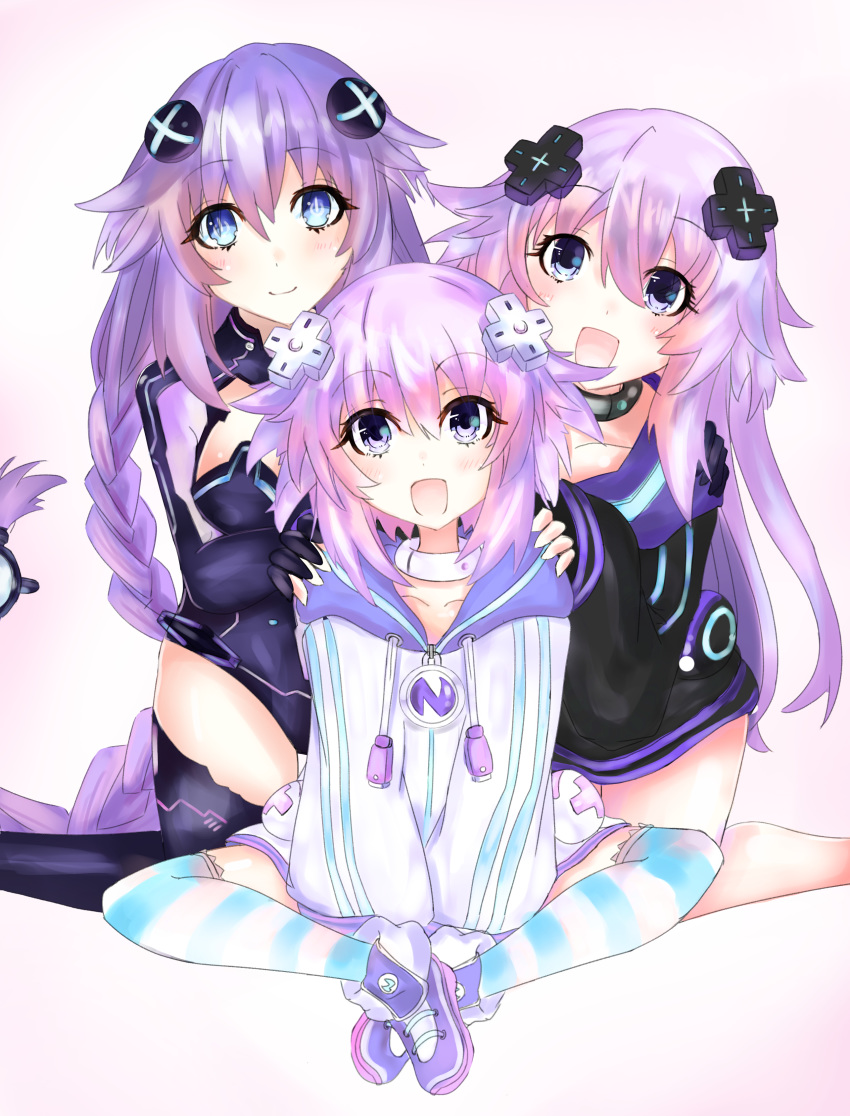 :d absurdres adult_neptune bimmy black_choker blush braid choker d-pad d-pad_hair_ornament full_body hair_between_eyes hair_ornament highres hood hooded_jacket jacket kneeling knees_apart_feet_together leotard long_hair looking_at_viewer medium_hair multiple_persona neptune_(neptune_series) neptune_(series) open_mouth power_symbol purple_eyes purple_hair purple_heart shin_jigen_game_neptune_vii simple_background sitting smile striped striped_legwear symbol-shaped_pupils thighhighs twin_braids twintails very_long_hair white_choker