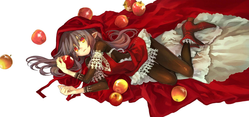 1girl absurdres apple black_hair black_legwear bodysuit boots commentary_request dress food fruit glasses high_heel_boots high_heels highres hitsugi_katsugi_no_kuro kiyuzuki_satoko kuro_(hitsugi_katsugi_no_kuro) long_hair looking_at_viewer lying no_eyewear official_art on_side pantyhose patchwork_skin pointy_ears red_dress red_eyes red_footwear solo white_background