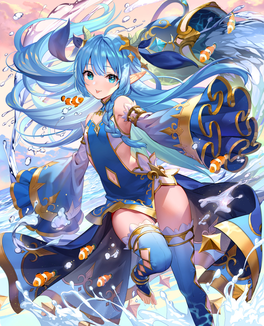 1girl absurdres ahoge animal bare_shoulders barefoot blue_dress blue_eyes blue_hair blue_legwear clownfish detached_sleeves dragon_girl dragon_horns dress fish flat_chest floating_hair hair_ribbon highres horns huge_filesize king's_raid lilia_(king's_raid) long_hair long_sleeves looking_at_viewer navel navel_cutout pelvic_curtain pointy_ears ribbon sidelocks sleeves_past_fingers sleeves_past_wrists solo teffish thighhighs thighs tongue tongue_out very_long_hair water wide_sleeves