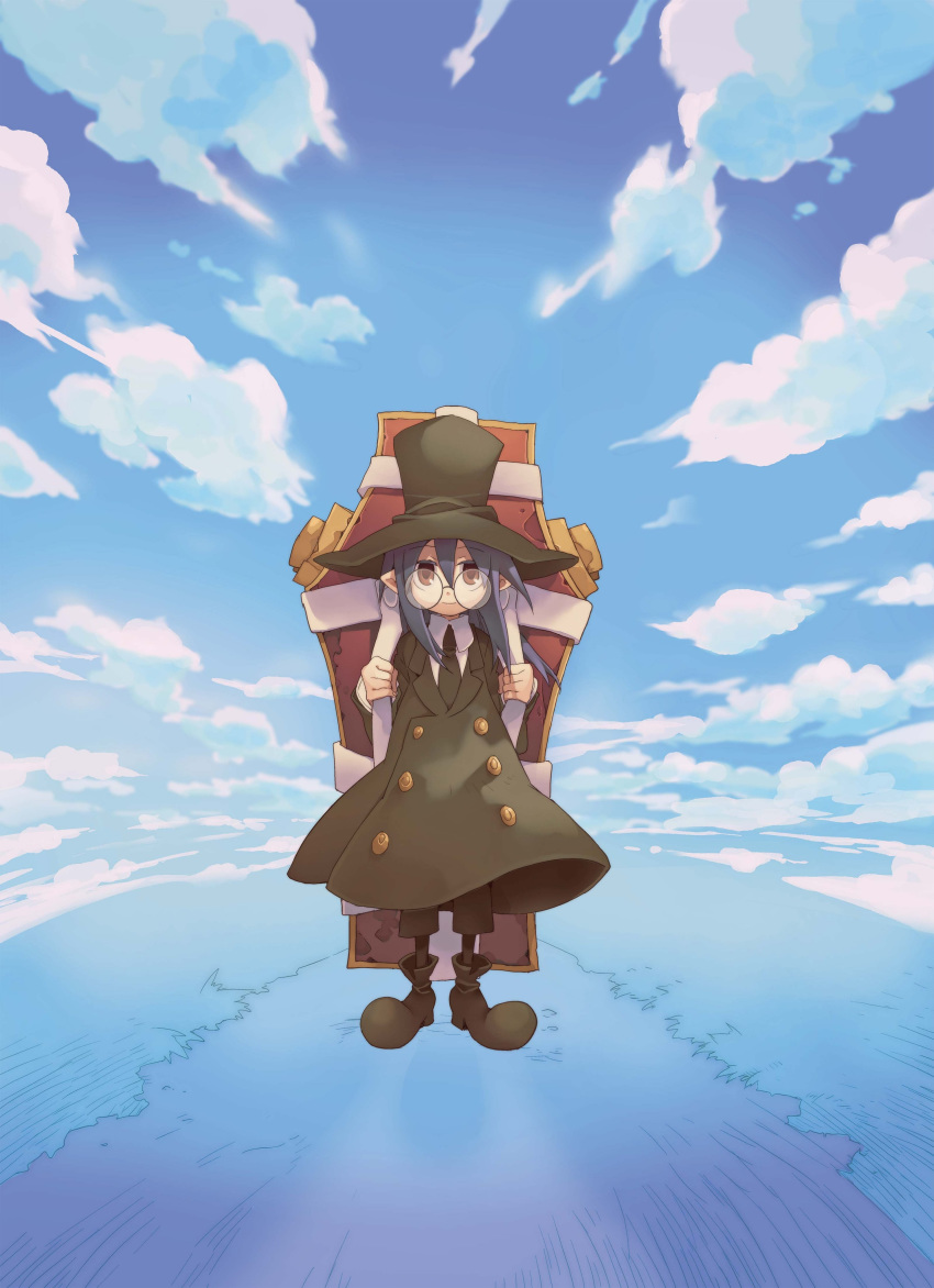 1girl absurdres black_hair blue_sky cloud coffin commentary_request glasses hat highres hitsugi_katsugi_no_kuro kiyuzuki_satoko kuro_(hitsugi_katsugi_no_kuro) long_hair necktie official_art pointy_ears red_eyes round_eyewear sky solo