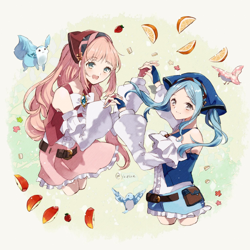 2girls apple bandanna belt belt_pouch bird blue_eyes blue_gloves blue_hair closed_mouth felicia_(fire_emblem_if) fingerless_gloves fire_emblem fire_emblem_heroes fire_emblem_if flora_(fire_emblem_if) food fruit gloves grey_eyes hand_holding highres long_hair long_sleeves multiple_girls nintendo open_mouth orange pink_hair ponytail pouch shorts siblings sisters skirt squirrel strawberry twintails twitter_username yuuri_(114916)