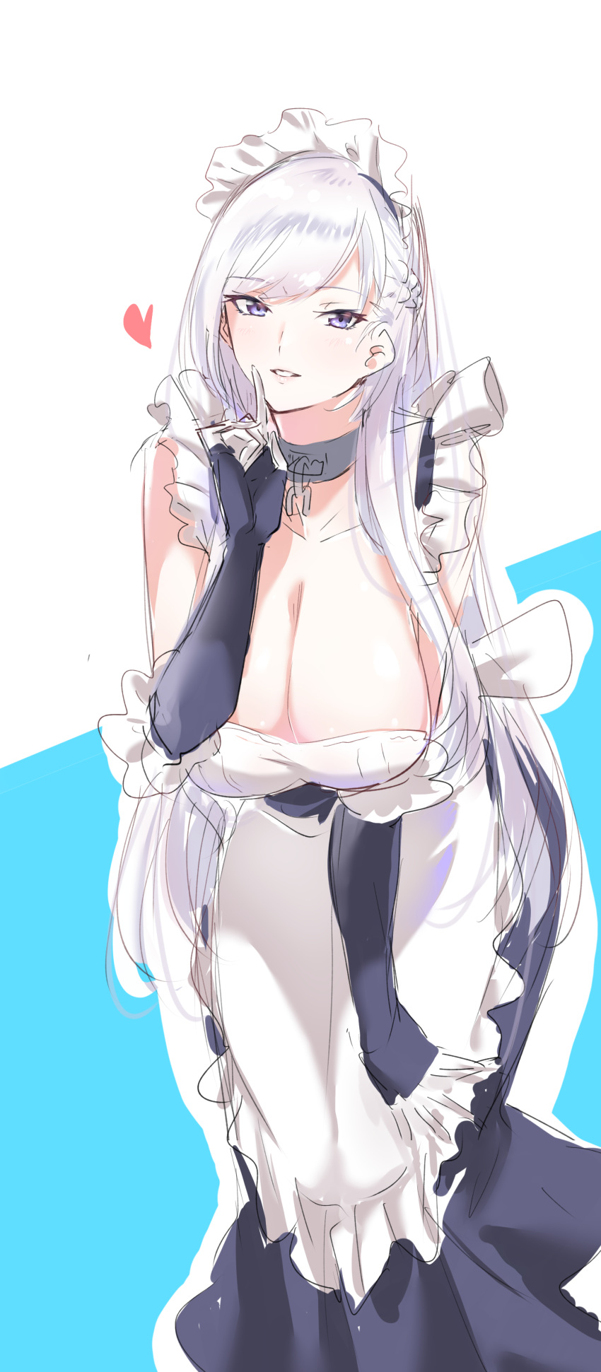 1girl absurdres apron azur_lane bangs belfast_(azur_lane) blue_background blue_dress blue_eyes blush braid breasts chains cleavage collar collarbone dress elbow_gloves french_braid frilled_apron frilled_gloves frills gloves heart highres index_finger_raised large_breasts leaning_forward long_hair looking_at_viewer maid maid_headdress parted_lips slept_(re_mix) smile solo two-tone_background waist_apron white_background white_hair
