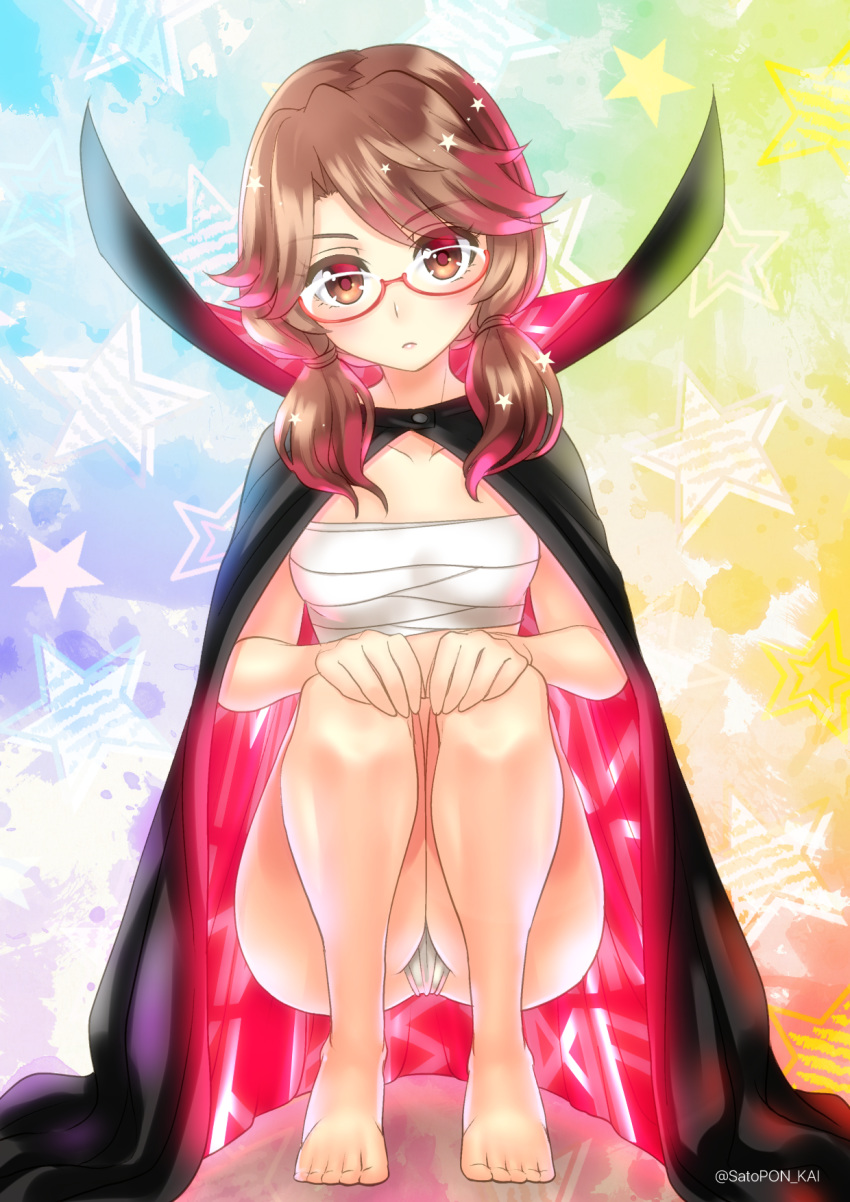 1girl artist_name bandage bangs bare_legs barefoot black_cape blue_background blush breasts brown_eyes brown_hair cape collarbone commentary_request eyebrows_visible_through_hair full_body fundoshi glasses green_background hands_on_own_knees head_tilt high_collar highres japanese_clothes low_twintails multicolored multicolored_background no_hat no_headwear orange_background purple_background rainbow_background red-framed_eyewear red_background sarashi sato-pon short_hair small_breasts solo squatting star starry_background swept_bangs thighs touhou twintails twitter_username usami_sumireko yellow_background