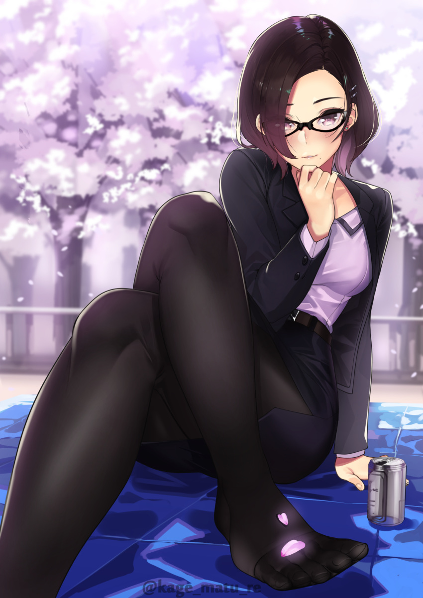 1girl alcohol beer belt blazer blush brown_eyes brown_hair business_suit cherry_blossoms commentary_request formal glasses grin hand_on_own_chin highres jacket kagematsuri legs_crossed looking_at_viewer mat mole mole_under_mouth office_lady open_blazer open_clothes open_jacket original outdoors pantyhose pencil_skirt purple_shirt shirt short_hair sitting skirt smile solo suit tree