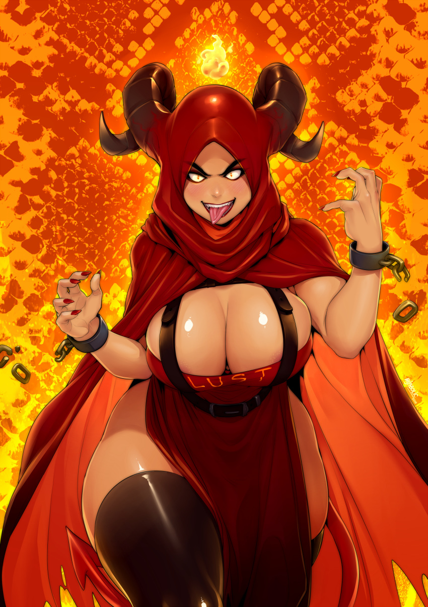 1girl absurdres areola_slip areolae belt black_legwear blush breasts broken broken_chain bursting_breasts cape chain chained_wrists chains cleavage commentary constricted_pupils curvy dark_skin demon_girl demon_horns demon_tail dress english_commentary eyeliner eyeshadow fingernails fire forehead highres hijab hood hooded_cape horns huge_breasts large_breasts lipstick long_dress makeup nail_polish no_bra orange_eyes original pelvic_curtain red_cape red_dress red_hood red_nails sharp_fingernails sharp_teeth shiny shiny_skin side_slit skindentation solo suspenders tail teeth thick_eyebrows thick_thighs thighhighs thighs tongue tongue_out wide_hips zephyr_aile