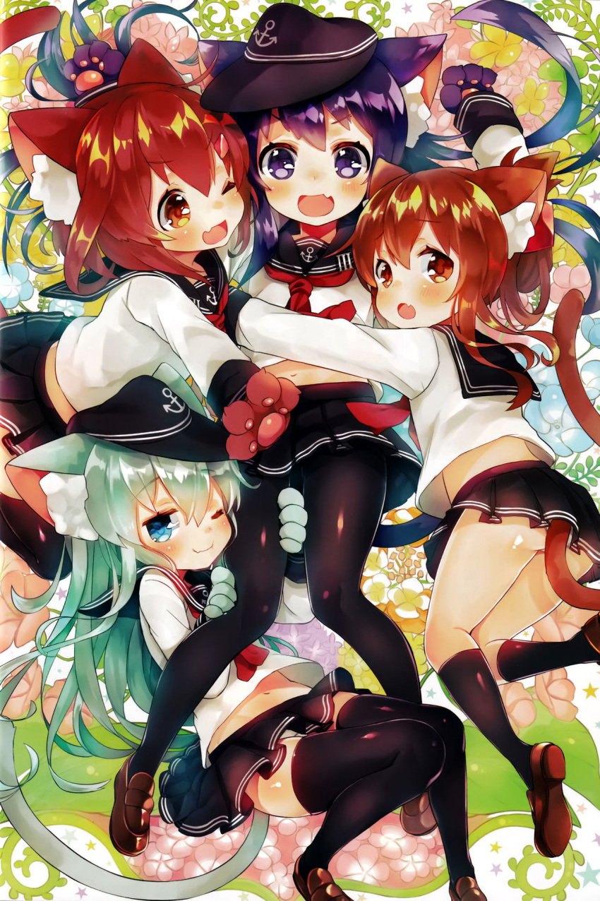 4girls :d :o ;) ;d akatsuki_(kantai_collection) anchor_symbol animal_ears black_hair black_legwear blue_eyes blush brown_eyes brown_hair cat_ears cat_tail fang fang_out folded_ponytail girl_sandwich gloves hair_ornament hairclip hat hibiki_(kantai_collection) highres ikazuchi_(kantai_collection) inazuma_(kantai_collection) kantai_collection kemonomimi_mode loafers long_hair multiple_girls neckerchief one_eye_closed open_mouth panties pantyhose paw_gloves paws sandwiched scan school_uniform serafuku shoes short_hair skin_fang skirt smile socks source_request suzuho_hotaru tail thighhighs underwear white_hair white_panties